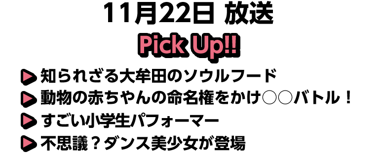11月22日(日)放送 Pick UP!!▽知られざる大牟田のソウルフード▽動物の赤ちやんの命名権をかけ○○バトル！▽すごい小学生パフォーマー▽不思議？ダンス美少女が登場