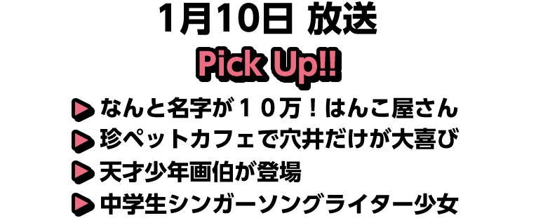 1月10日(日)放送 Pick UP!!▽なんと名字が１０万！はんこ屋さん▽珍ペットカフェで穴井だけが大喜び▽天才少年画伯が登場▽中学生シンガーソングライター少女