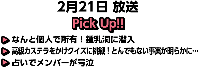 2月21日(日)放送 Pick UP!!▽なんと個人で所有！鍾乳洞に潜入▽高級カステラをかけクイズに挑戦！とんでもない事実が明らかに…▽占いでメンバーが号泣