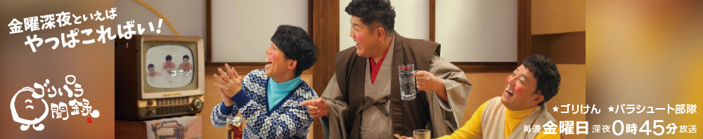 [ゴリパラ見聞録] ゴリけんとパラシュート部隊が人間性まるだしで旅をするドキュメンタリーバラエティー番組。テレビの前のあなたのために、日本全国どこへでも代わり行き、お望みの写真を必ず撮ってきてメールします。